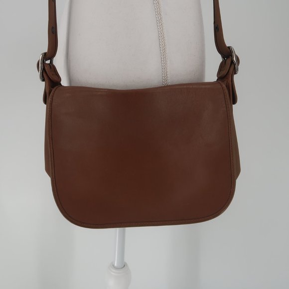 Coach Brown Leather Crossbody Handbag w Orange Lining - Picture 3 of 9